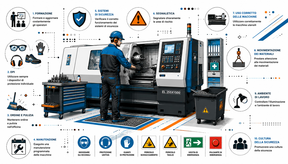 Tecnico che opera in sicurezza con una macchina utensile